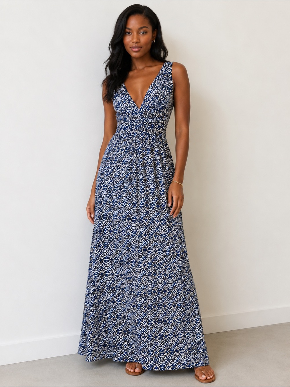 Tart Navy and White Printed V-Neck Maxi Dress